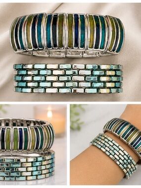 Handcrafted Blue-Green Mosaic Stretch Bracelet Set
